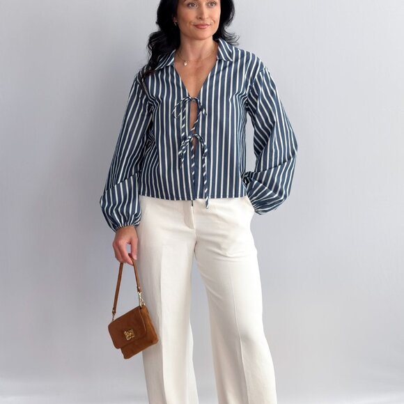 Women’s Striped Tie-Front Blouse – Navy/White, Collared Long Balloon Sleeve - Picture 7 of 10